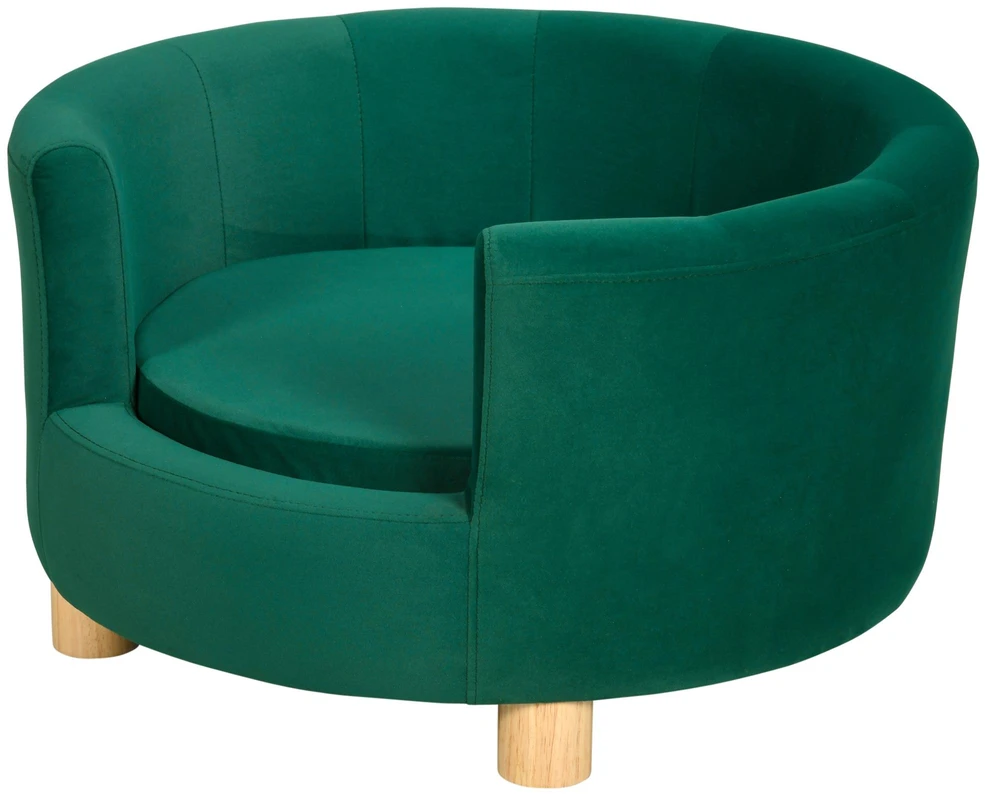 PawHut šunų guolis – elegantiška šunų sofa su minkštu užvalkalu ir medinėmis kojelėmis, 65x64x37 cm