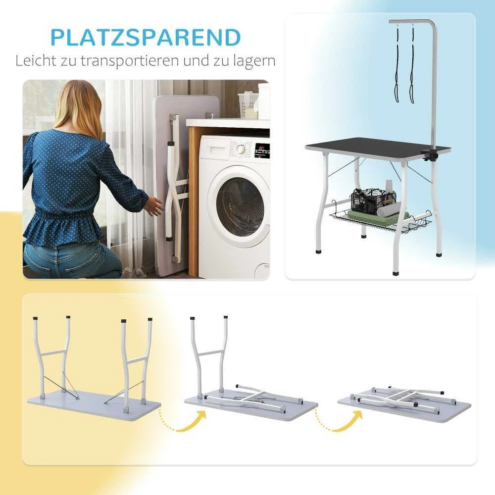 PawHut šunų priežiūros stalas, reguliuojamo aukščio, sulankstomas kirpimo stalas naminiams gyvūnams su tinkliniu krepšiu ir pavadėliais, iki 40 kg, juodas ir baltas
