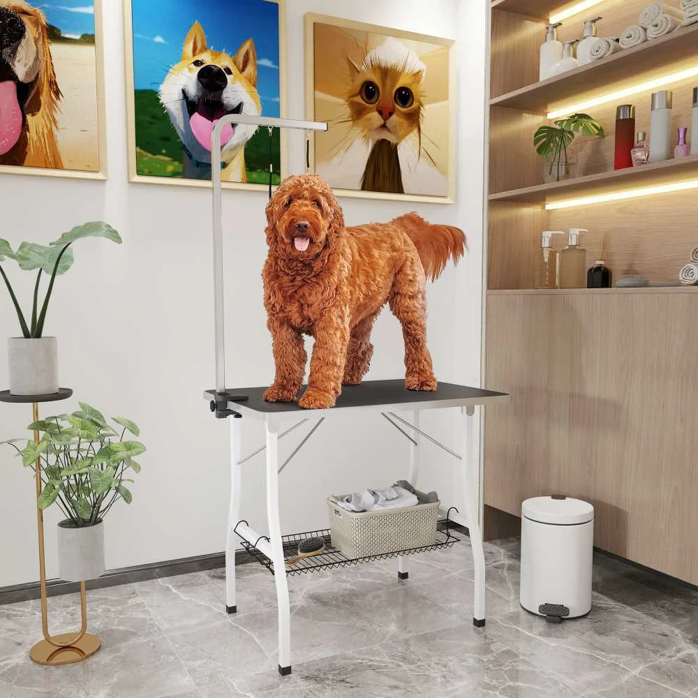 PawHut šunų priežiūros stalas, reguliuojamo aukščio, sulankstomas kirpimo stalas naminiams gyvūnams su tinkliniu krepšiu ir pavadėliais, iki 40 kg, juodas ir baltas