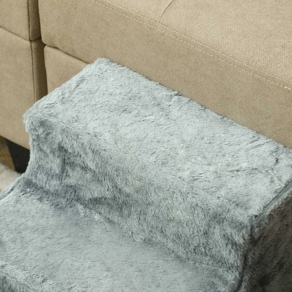 PawHut 3 pakopų šunų laiptai, 35 cm, su pliušine danga, kačių laipteliai lovai, sofai, katėms iki 5kg, šviesiai pilki