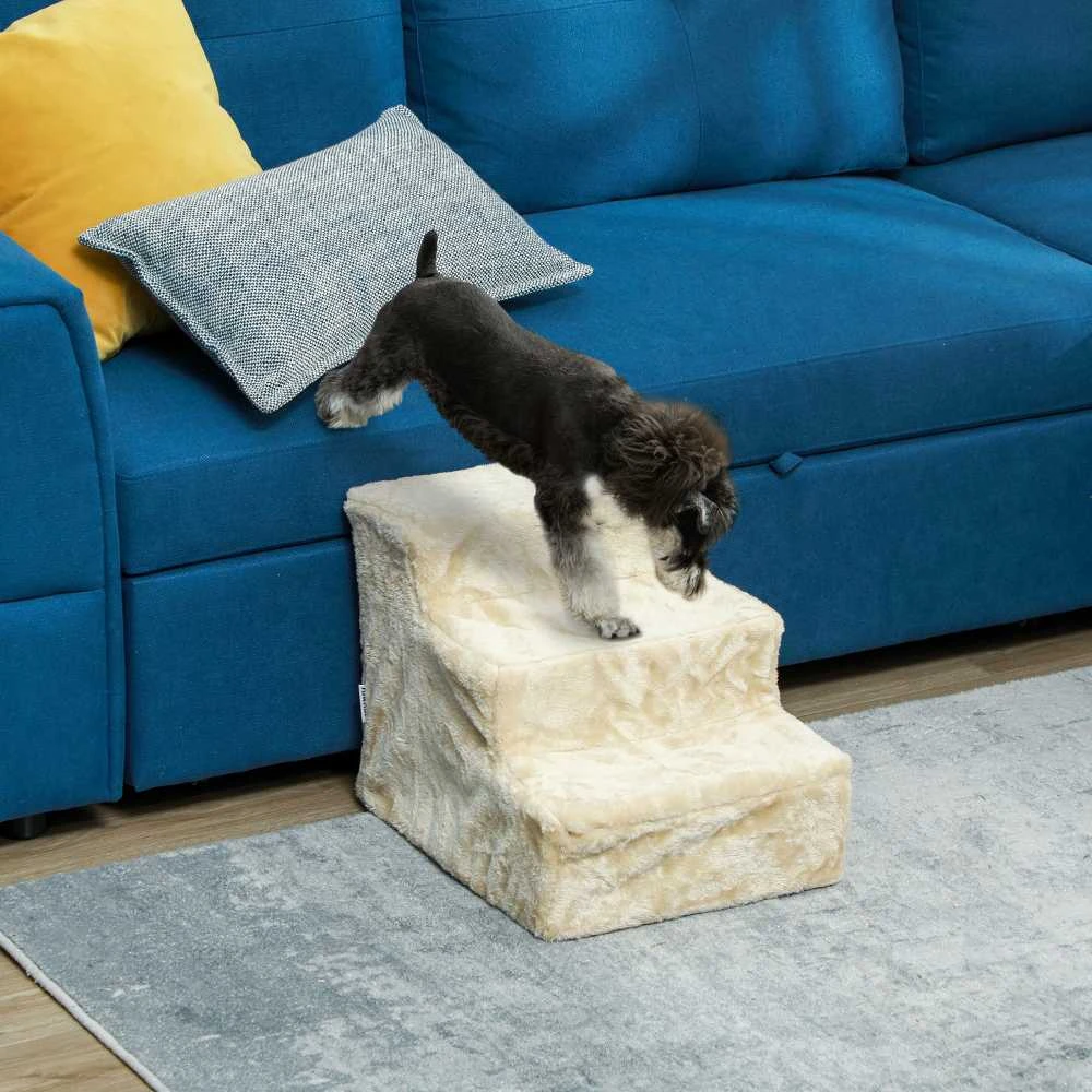 "PawHut" šunų laiptai 3 pakopos 35 cm pliušiniai laiptai gyvūnams, laiptai katėms prie lovos, sofos, katėms iki 4,5kg, smėlio spalvos
