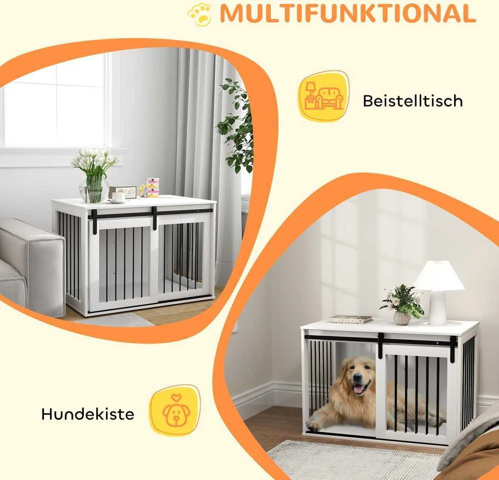 PawHut šunų narvas namams, rakinama šunų būda su įėjimu, šunų dėžė su stumdomomis durimis, šunų namelis dideliems šunims iki 30 kg, baltas, 98 x 58 x 61 cm