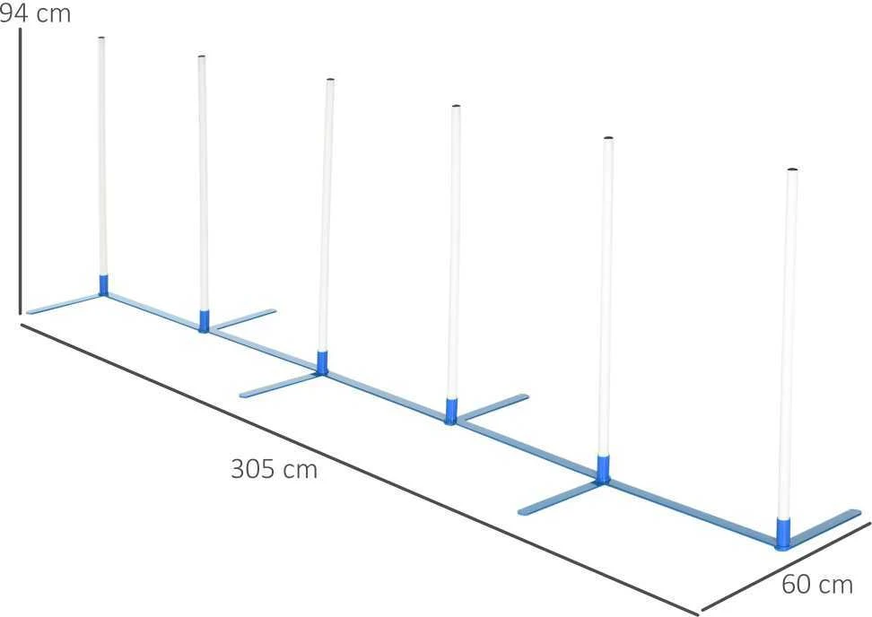 PawHut šunų slalomo stulpų agility treniruočių rinkinys su 600D krepšiu, polietileno plastikas, balta ir mėlyna spalvos, 305 x 60 x 94 cm