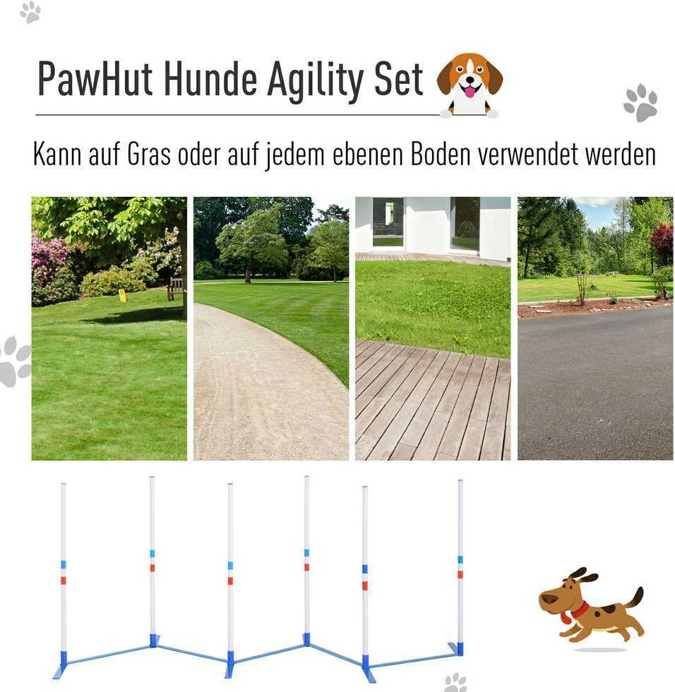 PawHut šunų slalomo stulpų agility treniruočių rinkinys su 600D krepšiu, polietileno plastikas, balta ir mėlyna spalvos, 305 x 60 x 94 cm
