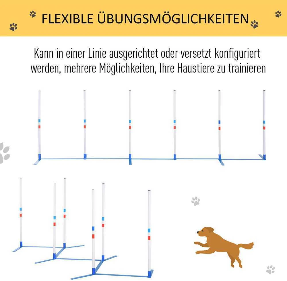 PawHut šunų slalomo stulpų agility treniruočių rinkinys su 600D krepšiu, polietileno plastikas, balta ir mėlyna spalvos, 305 x 60 x 94 cm