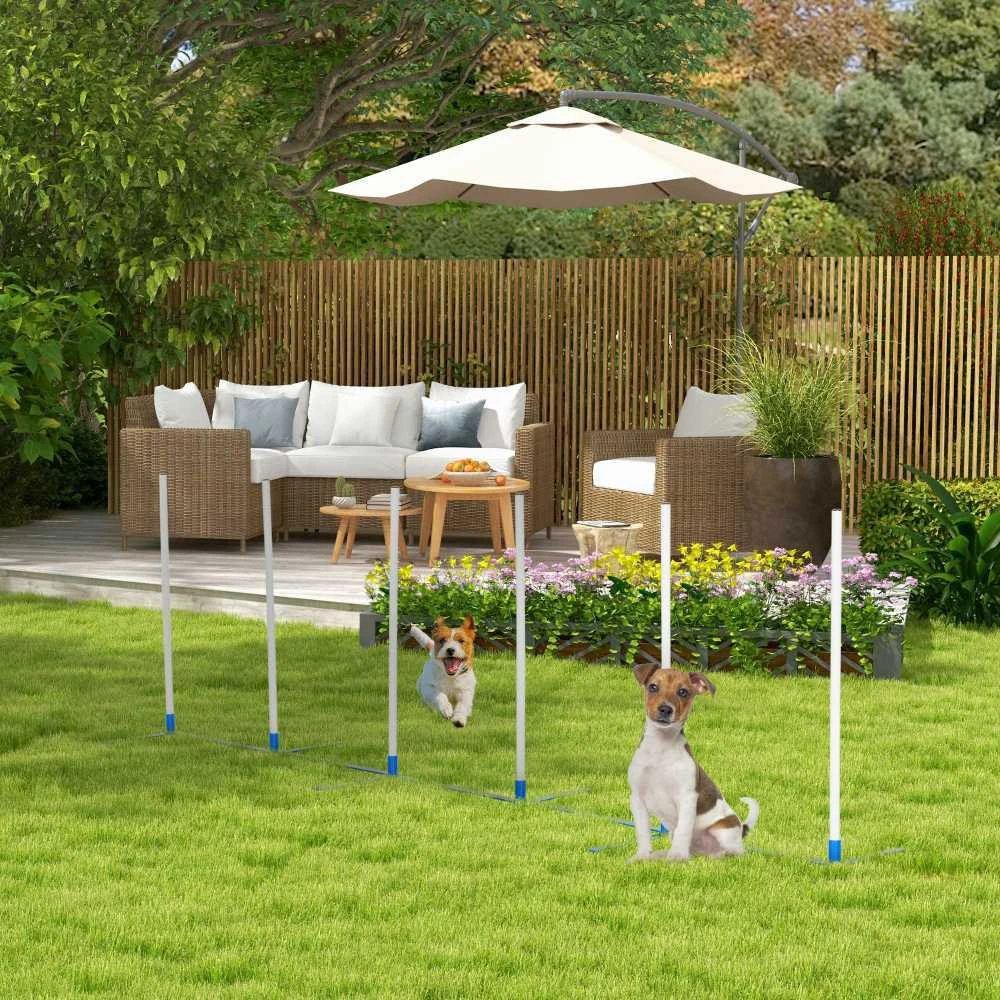 PawHut šunų slalomo stulpų agility treniruočių rinkinys su 600D krepšiu, polietileno plastikas, balta ir mėlyna spalvos, 305 x 60 x 94 cm