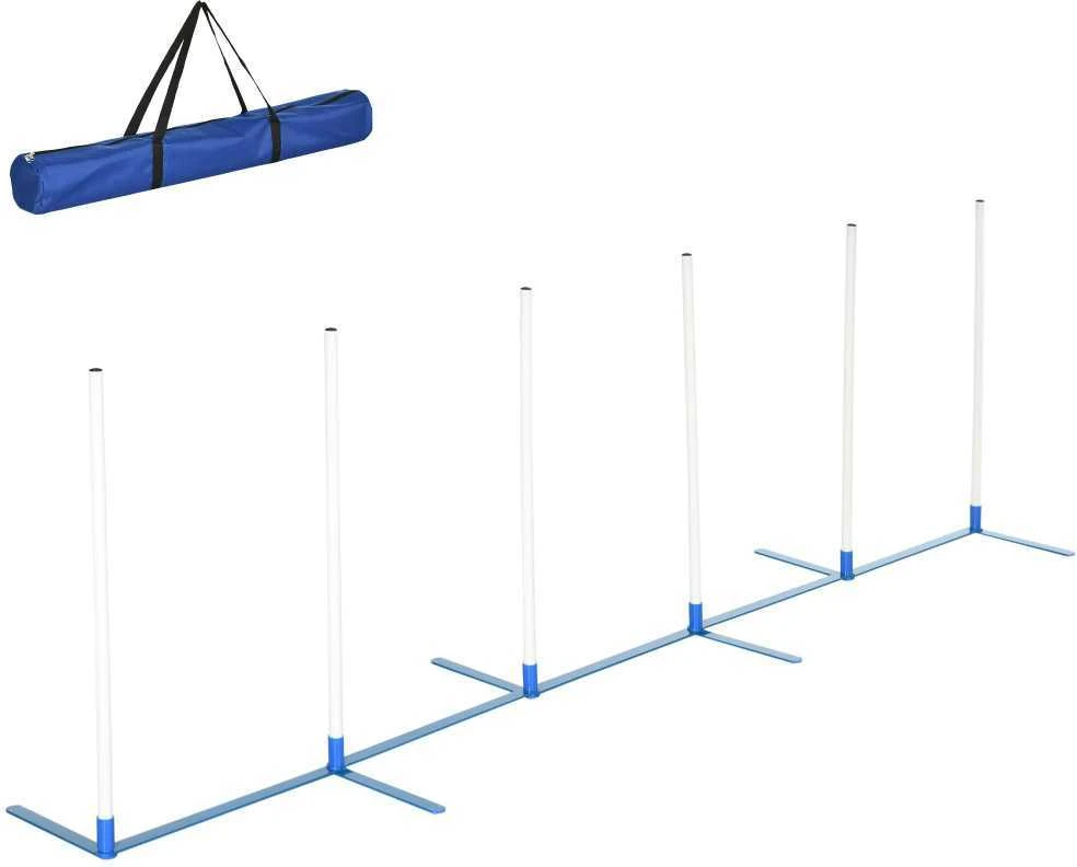 PawHut šunų slalomo stulpų agility treniruočių rinkinys su 600D krepšiu, polietileno plastikas, balta ir mėlyna spalvos, 305 x 60 x 94 cm