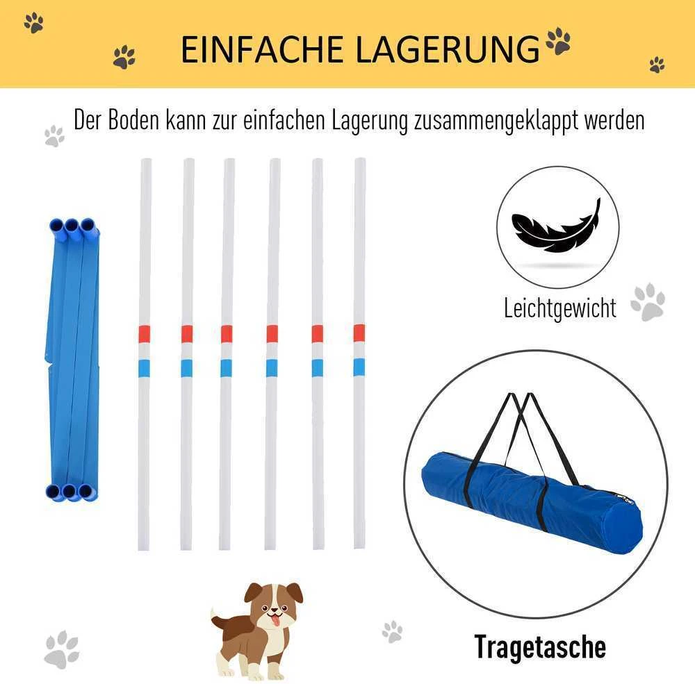 PawHut šunų slalomo stulpų agility treniruočių rinkinys su 600D krepšiu, polietileno plastikas, balta ir mėlyna spalvos, 305 x 60 x 94 cm