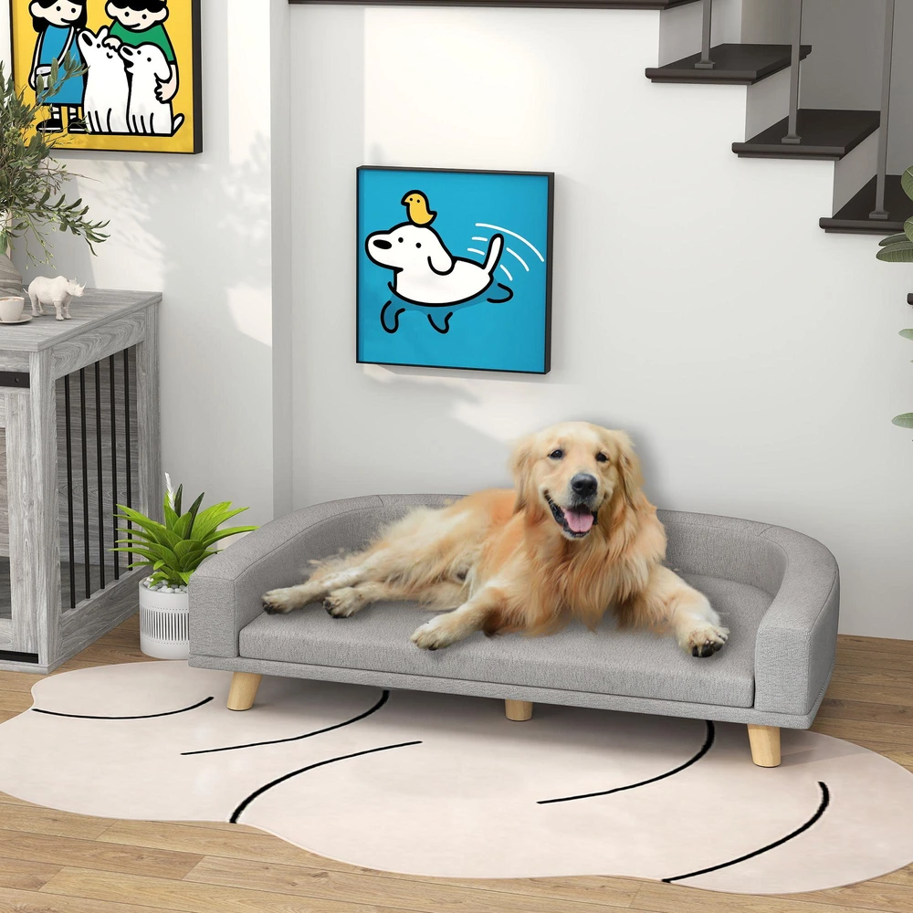 PawHut šunų sofa, naminių gyvūnėlių sofa, kačių sofa su pagalve, šunų lova dideliems šunims, šunų gultas su paaukštintu dizainu, šunų fotelis su medinėmis kojelėmis, pilka, 98 x 67 x 25 cm