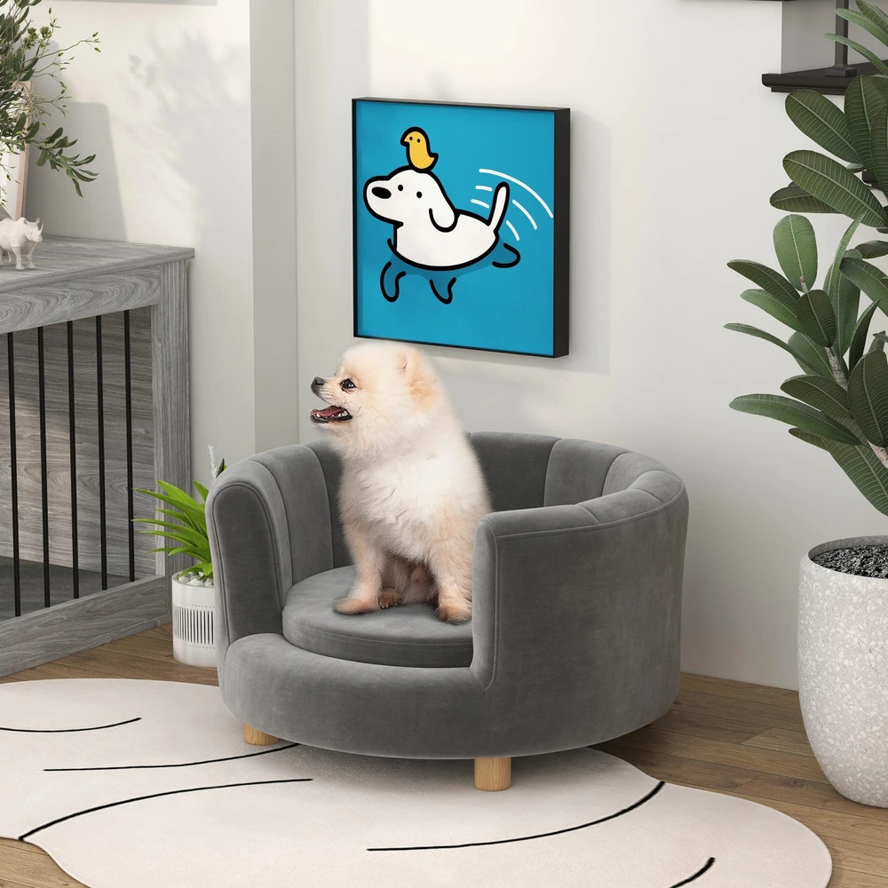 PawHut šunų sofa, plaunamas užvalkalas, guolis su atlošu ir medinėmis kojelėmis, kačių sofa, mažiems šunims iki 4,5kg, pilka
