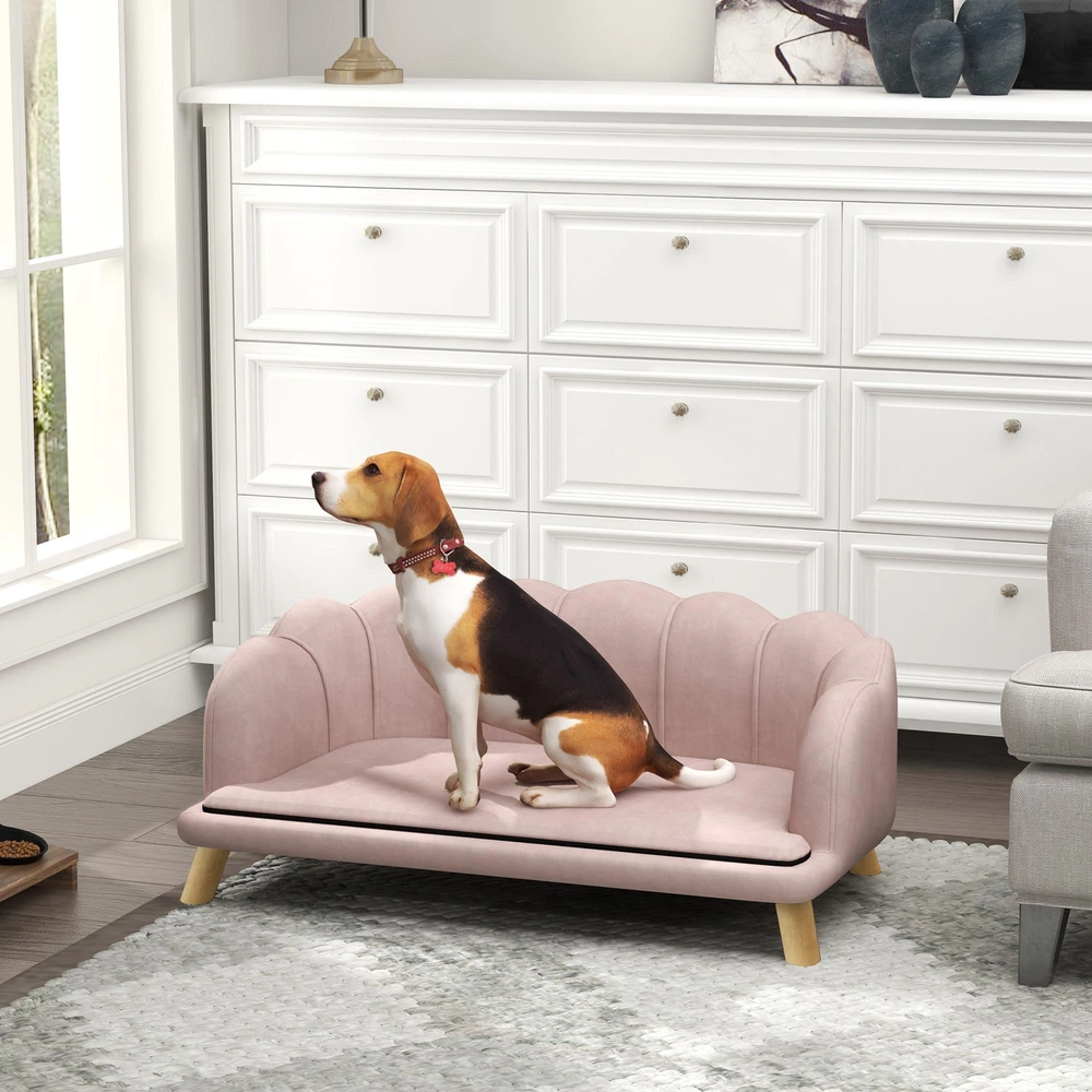 PawHut šunų sofa, plaunamas užvalkalas, naminių gyvūnėlių sofa su atlošu ir medinėmis kojelėmis, kačių sofa, vidutinio dydžio šunims iki 25 kg, rožinė