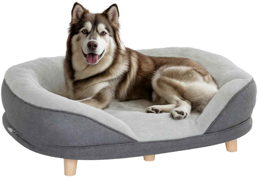 PawHut šunų sofa, plaunamu užvalkalu, augintinių sofa su atlošu ir medinėmis kojelėmis, kačių sofa, vidutinio dydžio šunims iki 25 kg, pilka