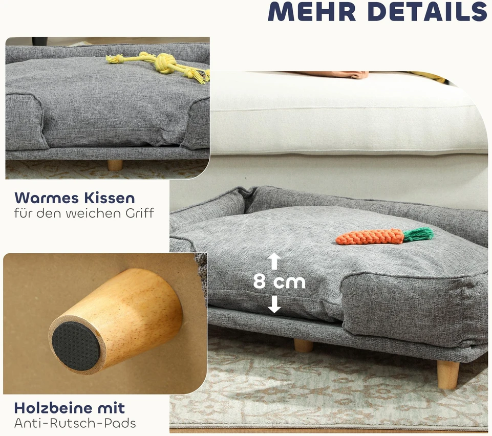 PawHut šunų sofa, augintinio sofa, augintinio lova, nuimamas ir plaunamas paminkštinimas, natūrali + tamsiai pilka