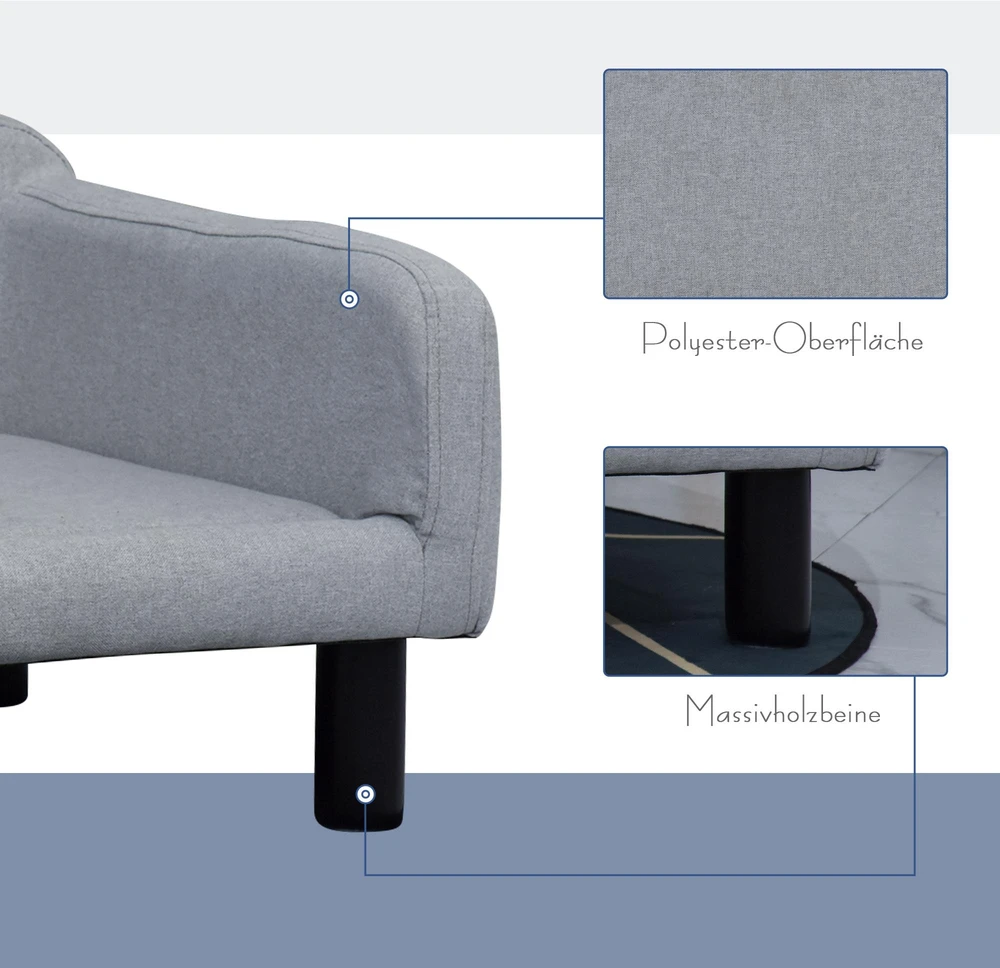 PawHut šunų sofa, stilinga naminių gyvūnų sofa su užvalkalu ir medinėmis kojelėmis, 82x54x36 cm