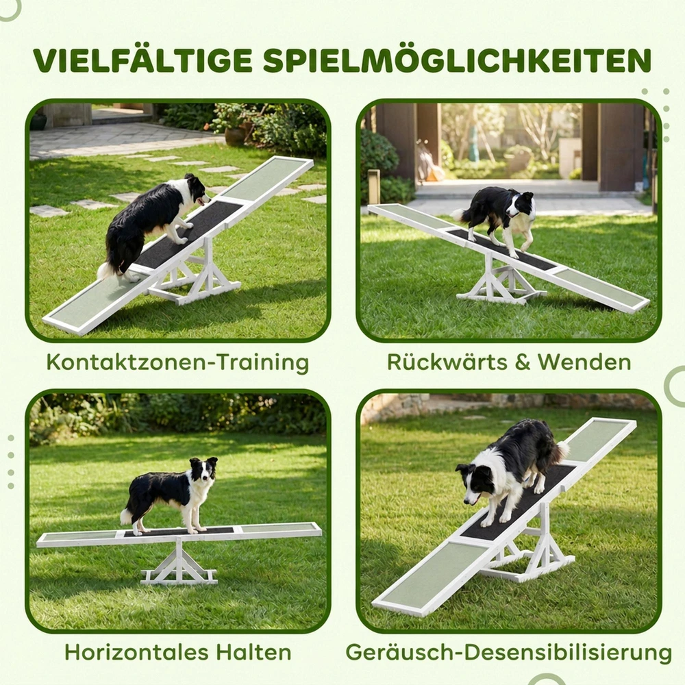 PawHut šunų sūpuoklės, medinės šunų „Agility“ sūpuoklės, neslidus šunų „Agility“ rampų treniruoklis šunims iki 30 kg, pusiausvyrai lavinti, 180 x 30 x 30 cm, baltos spalvos