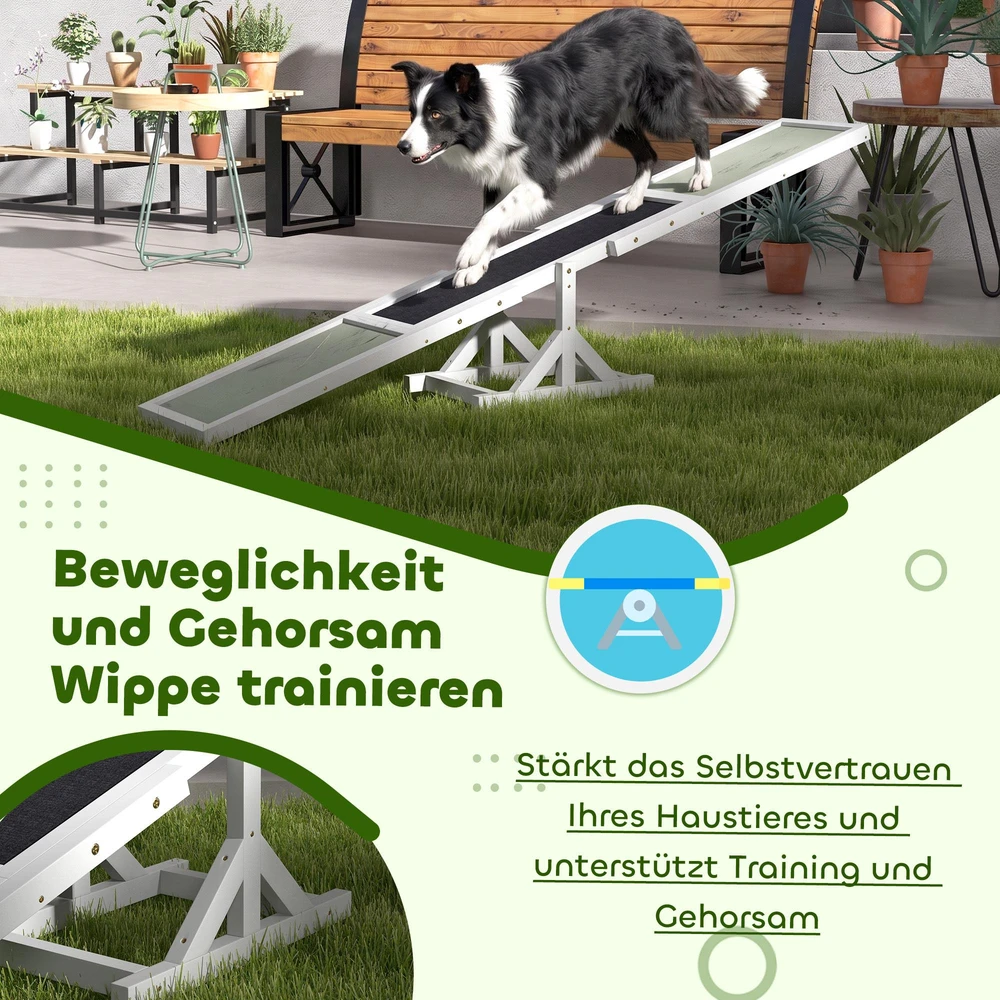 PawHut šunų sūpuoklės, medinės šunų „Agility“ sūpuoklės, neslidus šunų „Agility“ rampų treniruoklis šunims iki 30 kg, pusiausvyrai lavinti, 180 x 30 x 30 cm, baltos spalvos
