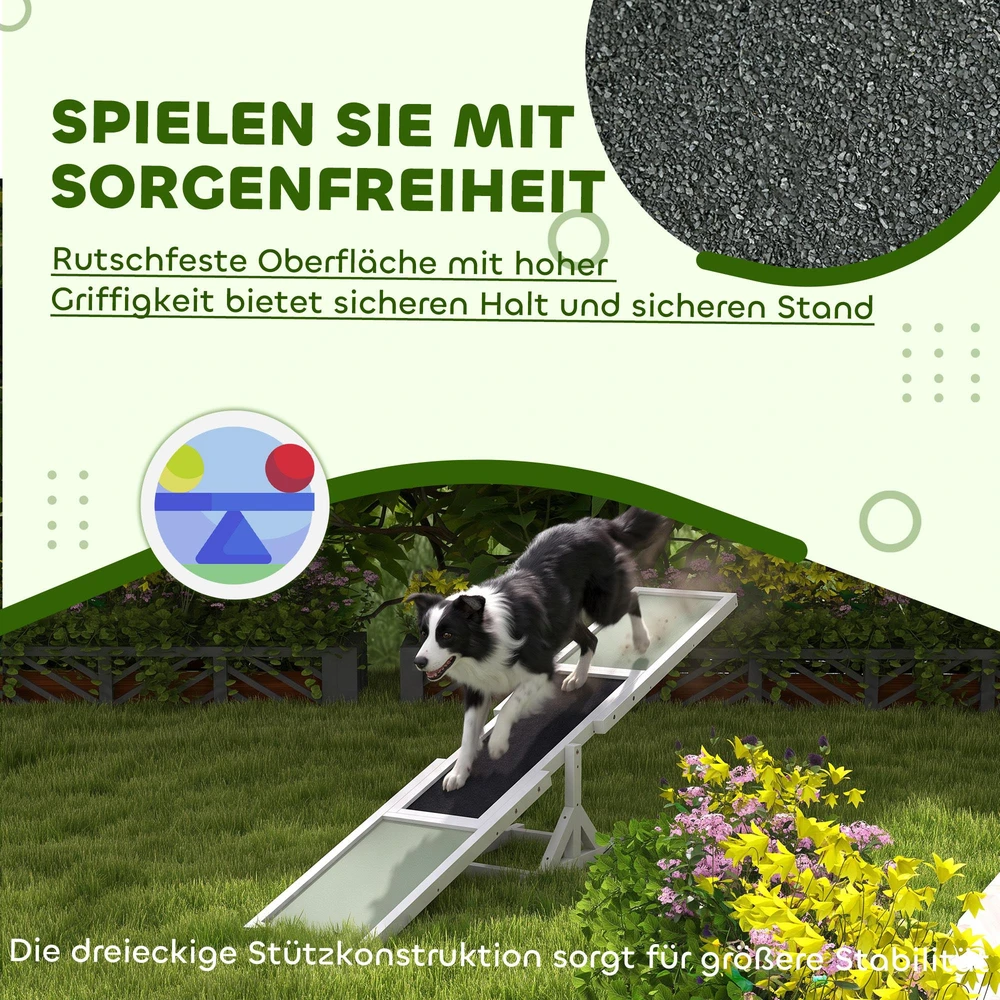 PawHut šunų sūpuoklės, medinės šunų „Agility“ sūpuoklės, neslidus šunų „Agility“ rampų treniruoklis šunims iki 30 kg, pusiausvyrai lavinti, 180 x 30 x 30 cm, baltos spalvos