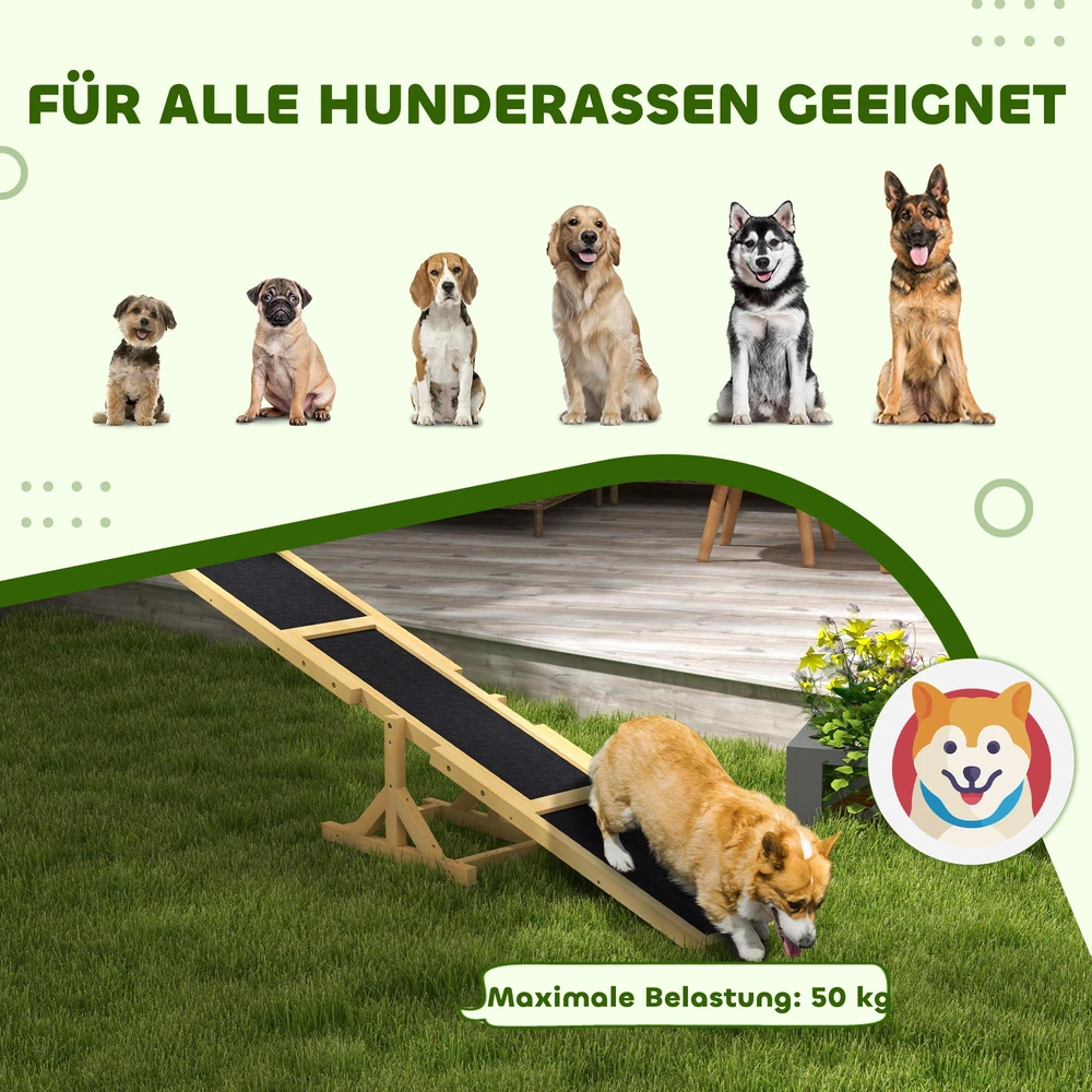 PawHut šunų sūpynės, medinės šunų judrumo (agility) sūpynės, neslidus šunų bėgimo takelis šunims iki 30 kg, pusiausvyrai lavinti, 180 x 30 x 30 cm, geltonos