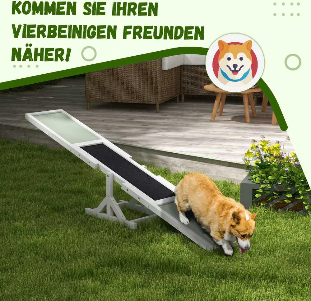 PawHut šunų sūpuoklės, medinės šunų „Agility“ sūpuoklės, neslidus šunų „Agility“ rampų treniruoklis šunims iki 30 kg, pusiausvyrai lavinti, 180 x 30 x 30 cm, baltos spalvos