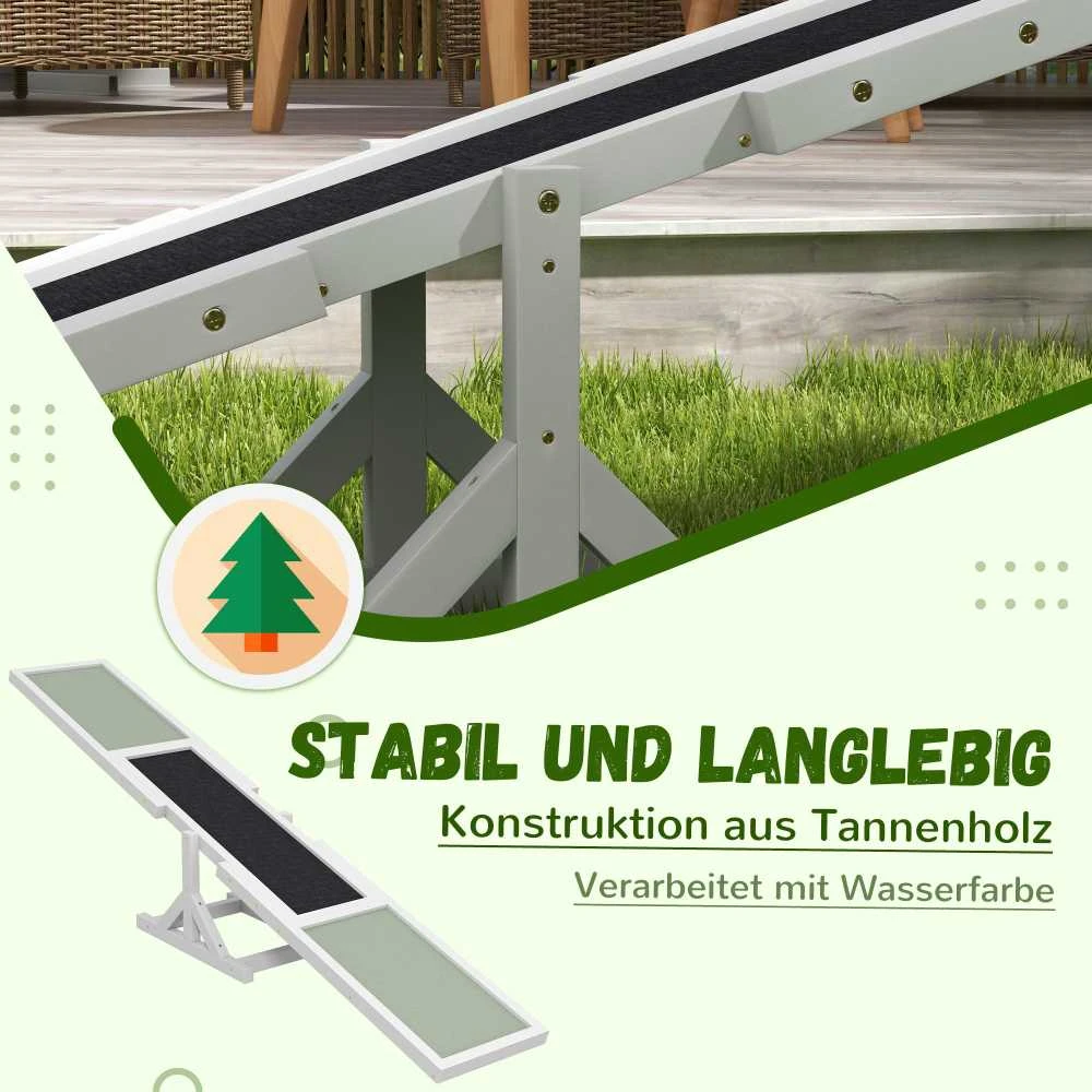 PawHut šunų sūpuoklės, medinės šunų „Agility“ sūpuoklės, neslidus šunų „Agility“ rampų treniruoklis šunims iki 30 kg, pusiausvyrai lavinti, 180 x 30 x 30 cm, baltos spalvos