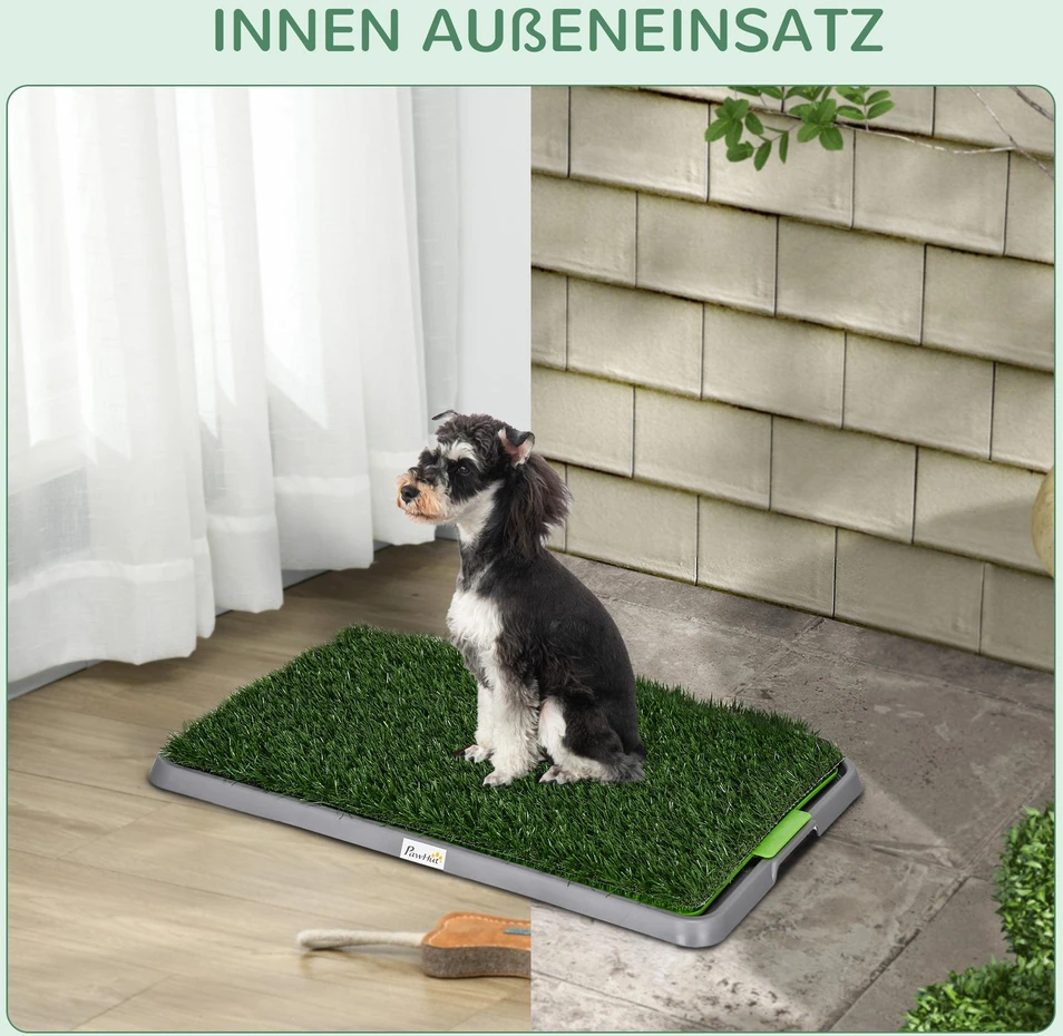 PawHut šunų tualetas su 2 žolės kilimėliais, padėklas dresūrai, tualetas šuniukams patalpoms ir laukui, žalias, 67 x 41 cm | Aosom