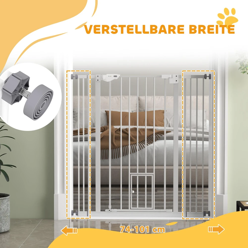 PawHut šunų apsauginiai varteliai, dvigubas užraktas, savaime užsidarančios durelės, 104 cm aukščio, plienas, balti