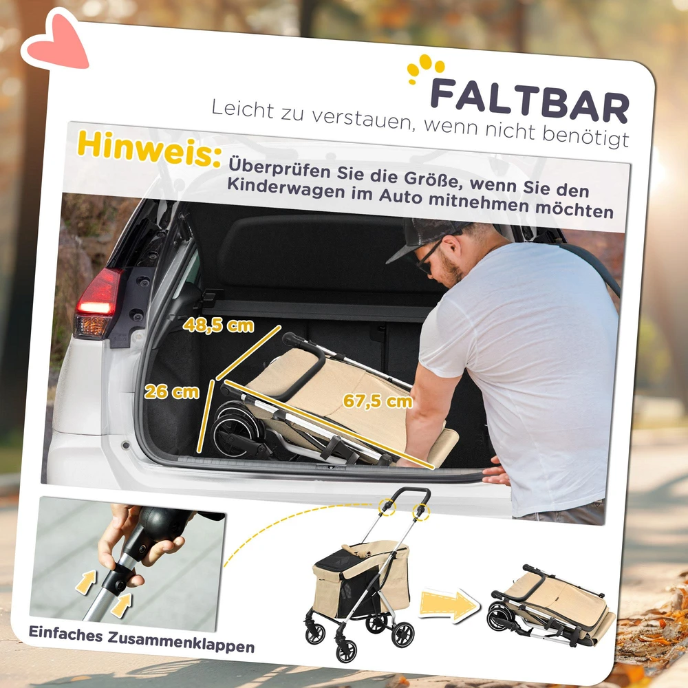 PawHut lengvas šunų vežimėlis, aliuminis, sulankstomas, skirtas šunims ir katėms iki 10 kg, kačių vežimėlis su pagalve, tinkleliais, durelėmis, krepšeliu daiktams, chaki spalvos