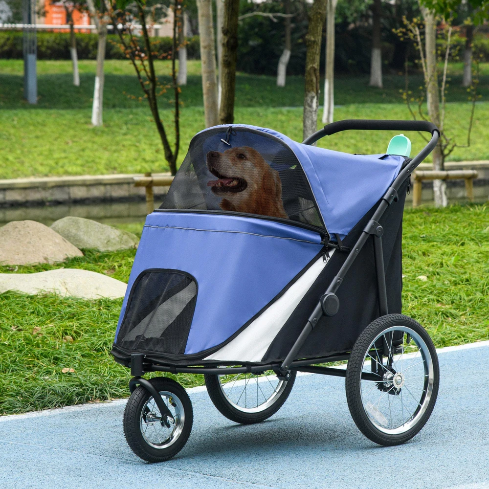 PawHut šunų vežimėlis su tinkleliu, sulankstomas, su saugos pavadėliu, dideliais guminiais ratais, iki 30 kg, Oxford, mėlynas