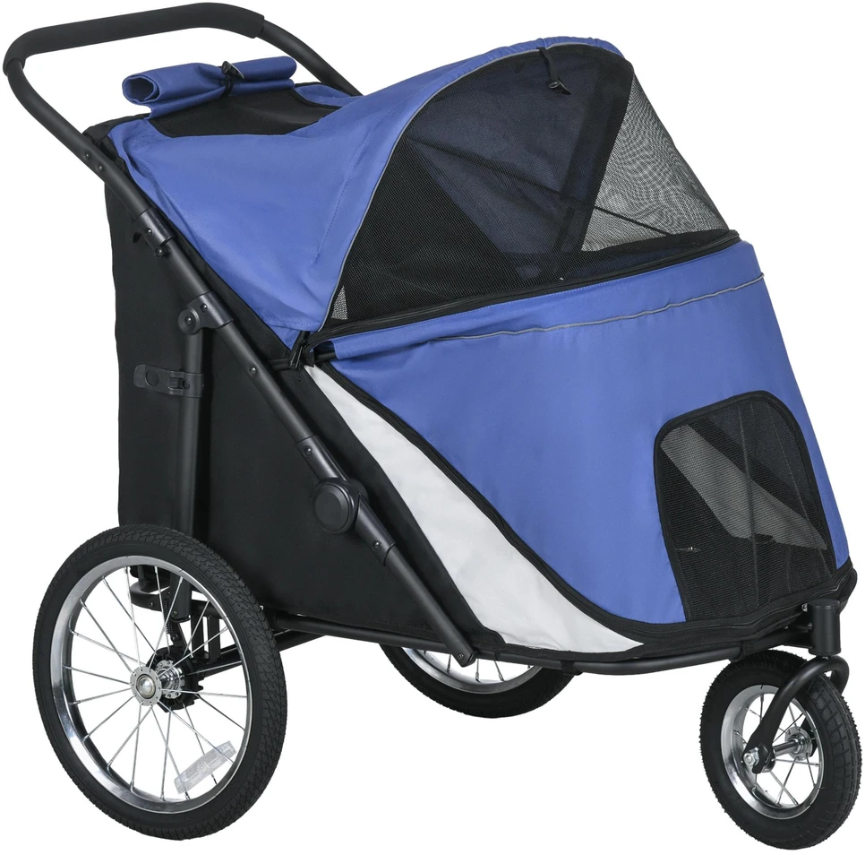 PawHut šunų vežimėlis su tinkleliu, sulankstomas, su saugos pavadėliu, dideliais guminiais ratais, iki 30 kg, Oxford, mėlynas