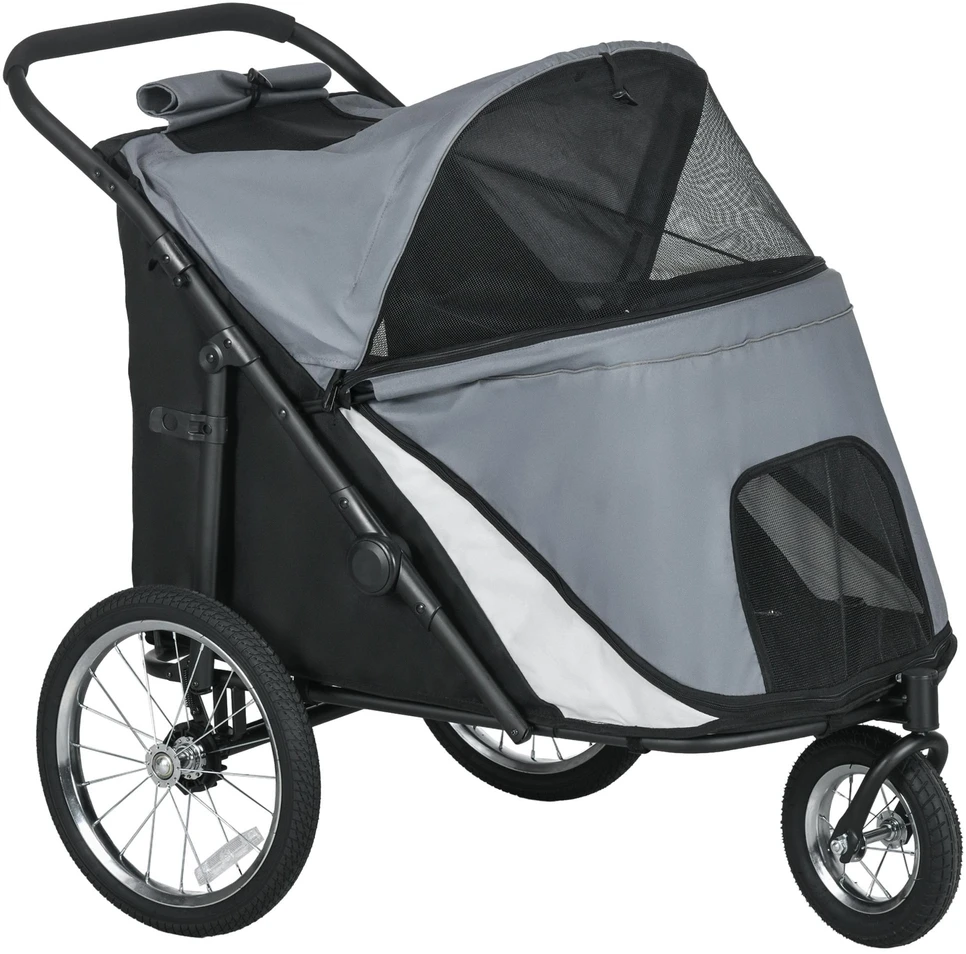PawHut šunų vežimėlis sulankstomas su tinkleliu galinėms durims ir saugos diržu, pilkas, iki 30 kg