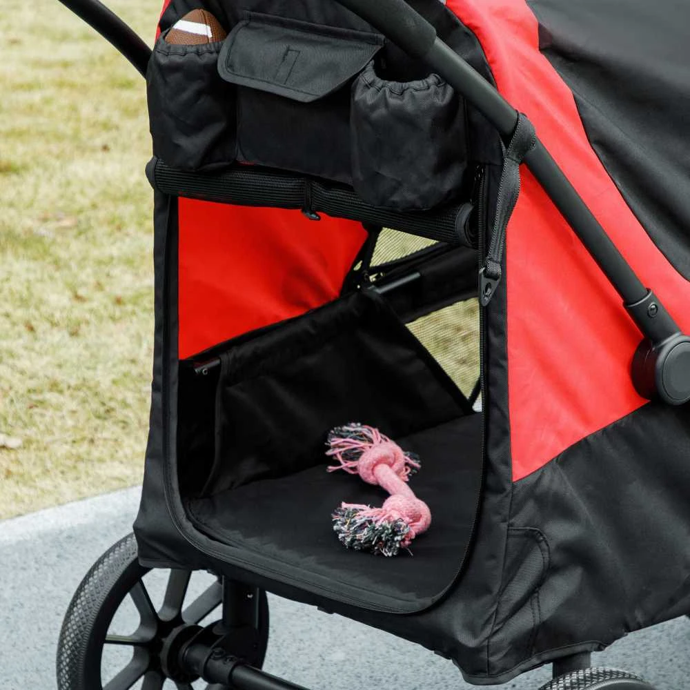 PawHut sulankstomas vežimėlis šunims ir katėms iki 30 kg, su pagalvėle, tinkliniais langais, durelėmis, krepšiu daiktams, saugos diržais ir stabdžiais, juodas