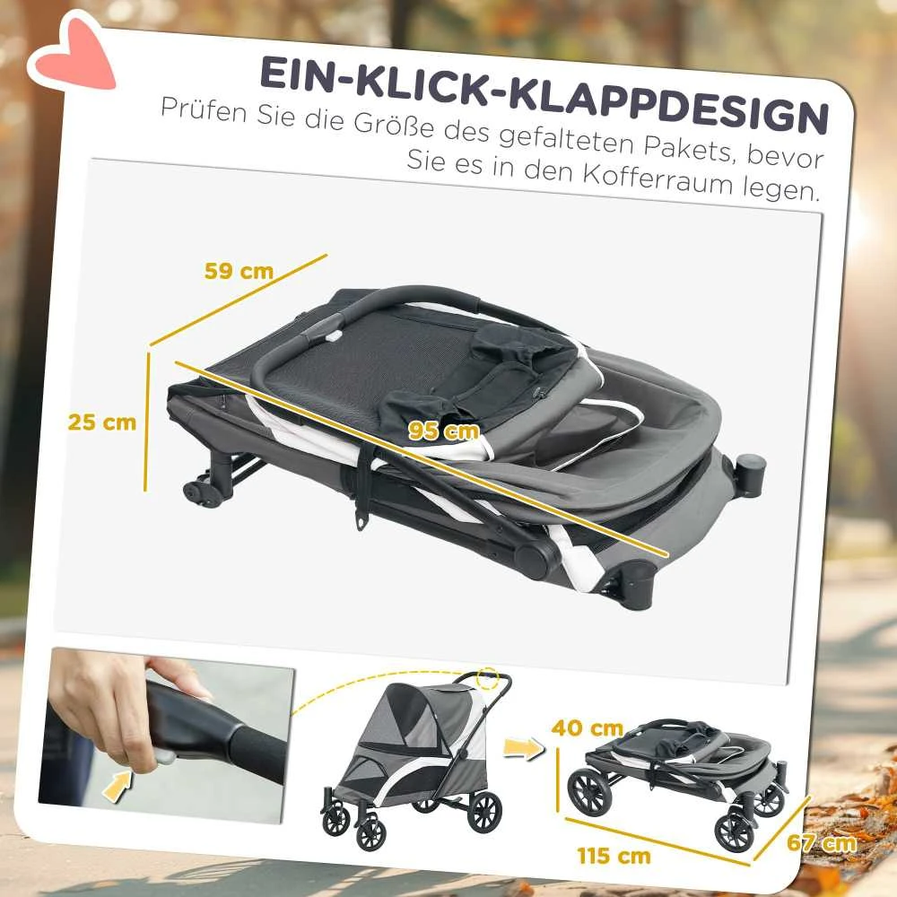 PawHut sulankstomas vežimėlis šunims ir katėms iki 30 kg, su pagalvėle, tinkliniais langais, durelėmis, krepšiu daiktams, saugos diržais ir stabdžiais, tamsiai pilkas