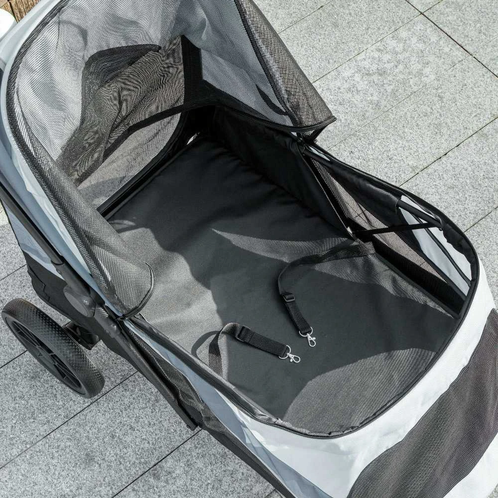 PawHut sulankstomas šunų vežimėlis dideliems šunims ir katėms iki 30 kg, su pagalve, tinkleliais, durimis, krepšiu daiktams, saugos diržais, stabdžiais, pilkas