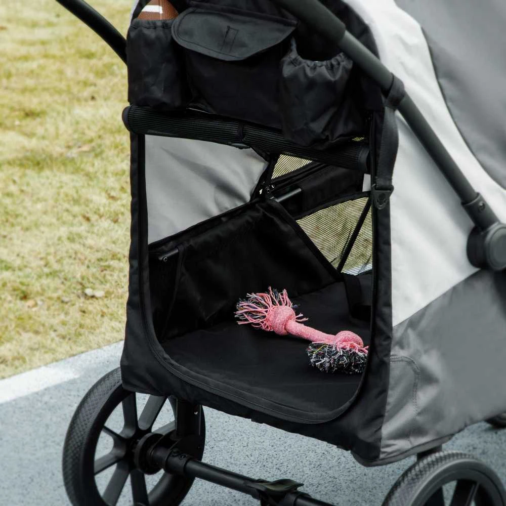 PawHut sulankstomas vežimėlis šunims ir katėms iki 30 kg, su pagalvėle, tinkliniais langais, durelėmis, krepšiu daiktams, saugos diržais ir stabdžiais, tamsiai pilkas
