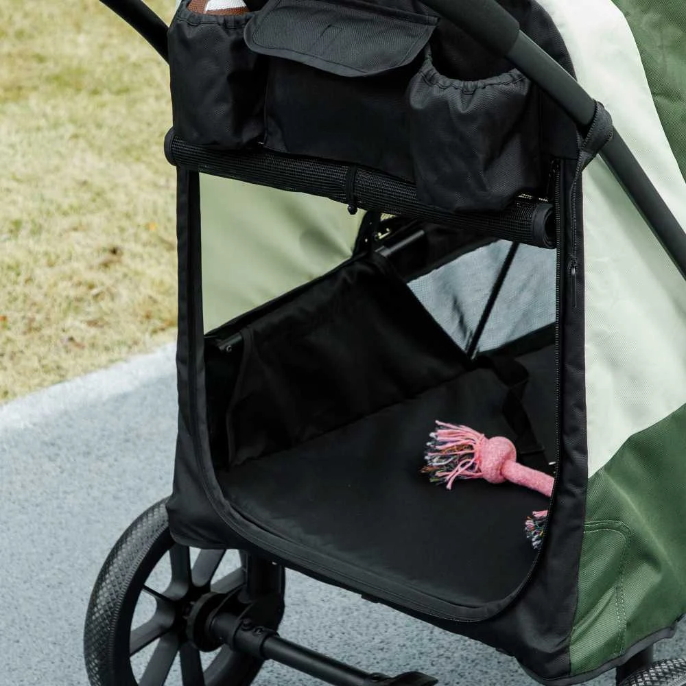 PawHut sulankstomas vežimėlis šunims ir katėms iki 30 kg, su pagalvėle, tinkliniais langeliais, durelėmis, krepšiu daiktams, saugos diržais ir stabdžiais, tamsiai žalias