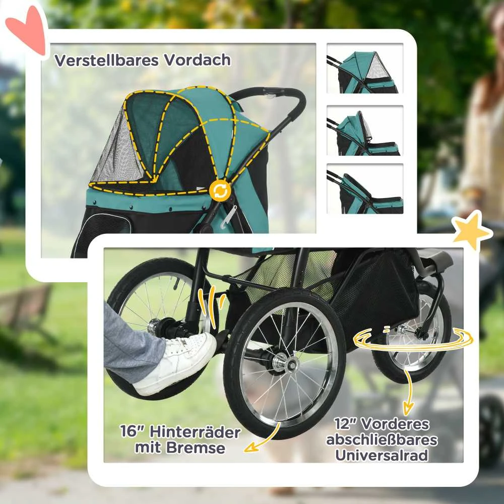 PawHut sulankstomas vežimėlis šunims ir katėms iki 20 kg, visureigiai guminiai ratai, pagalvėlė, tinkliniai langai, durys, krepšys daiktams, tamsiai žalias