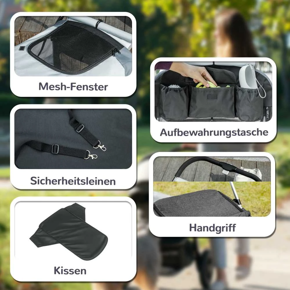 PawHut sulankstomas šunų vežimėlis dideliems šunims ir katėms iki 30 kg, su pagalve, tinkleliais, durimis, krepšiu daiktams, saugos diržais, stabdžiais, pilkas