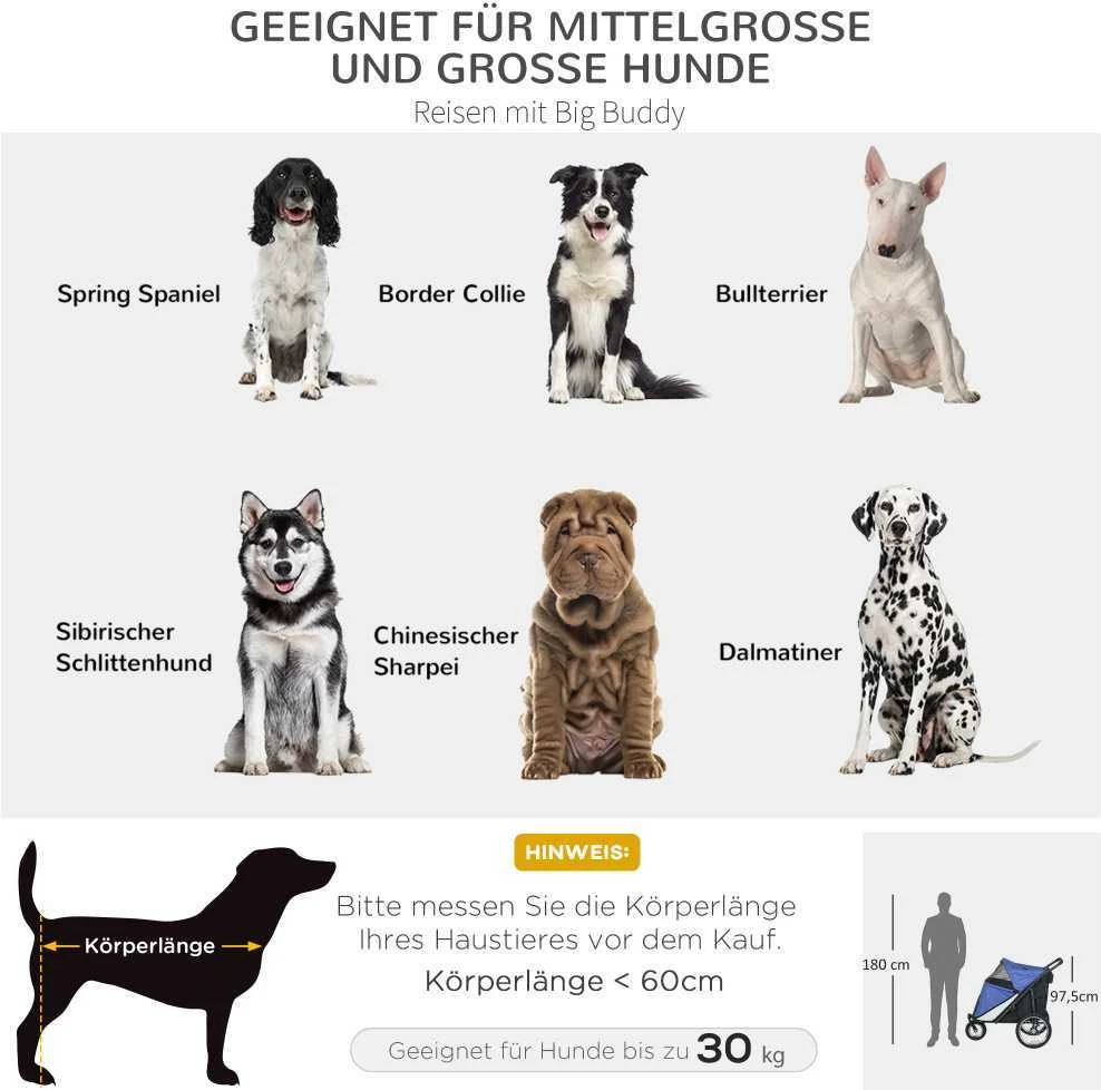 PawHut šunų vežimėlis su tinkleliu, sulankstomas, su saugos pavadėliu, dideliais guminiais ratais, iki 30 kg, Oxford, mėlynas