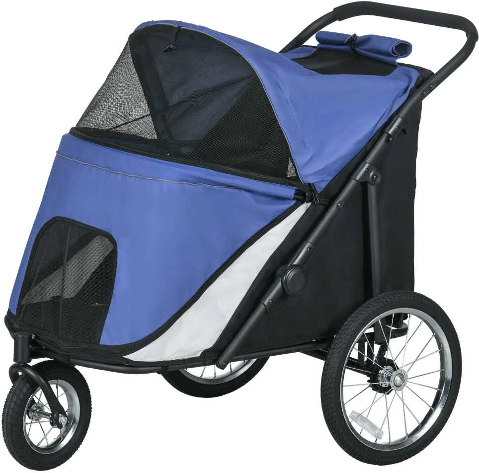PawHut šunų vežimėlis su tinkleliu, sulankstomas, su saugos pavadėliu, dideliais guminiais ratais, iki 30 kg, Oxford, mėlynas
