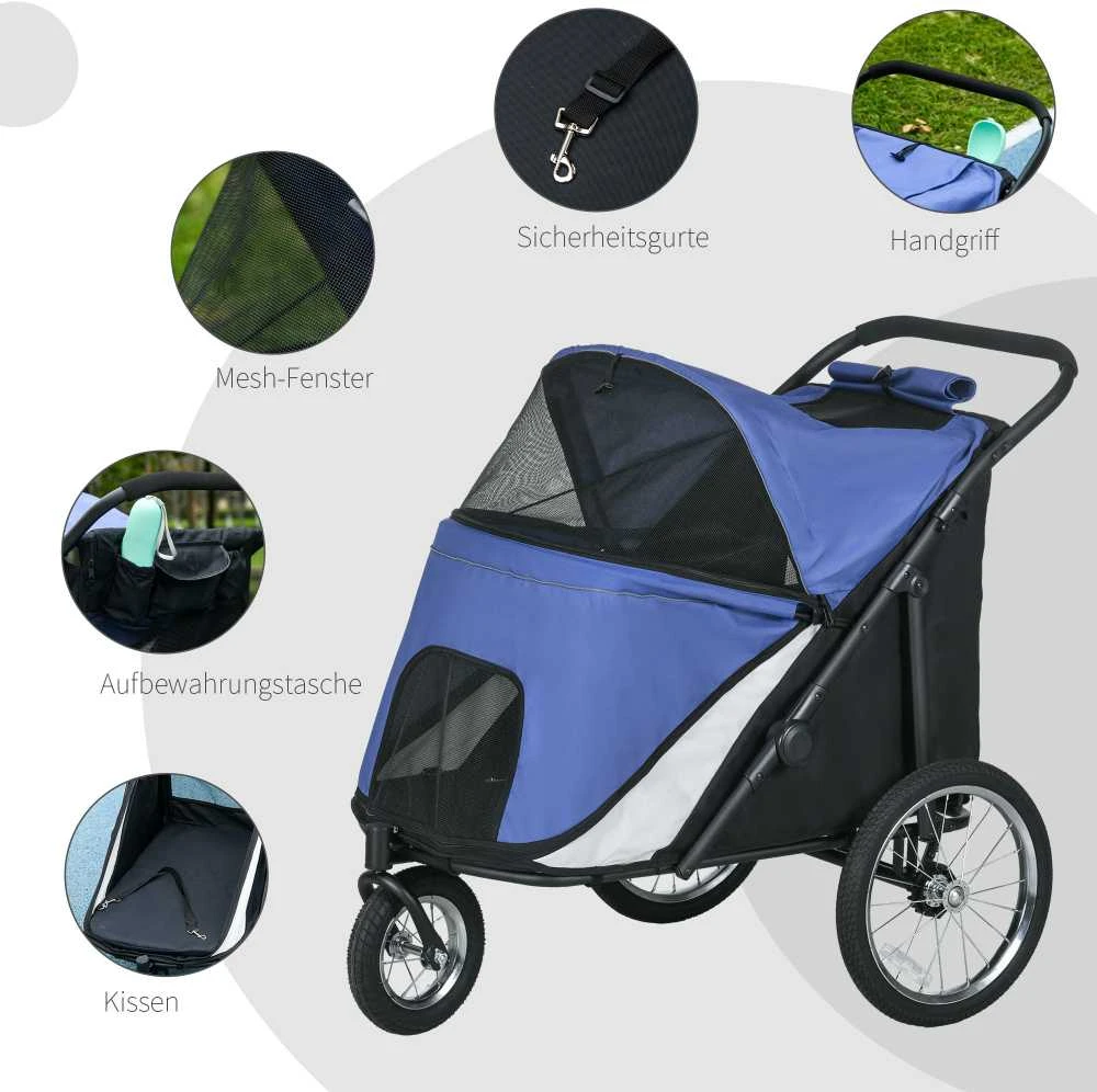 PawHut šunų vežimėlis su tinkleliu, sulankstomas, su saugos pavadėliu, dideliais guminiais ratais, iki 30 kg, Oxford, mėlynas