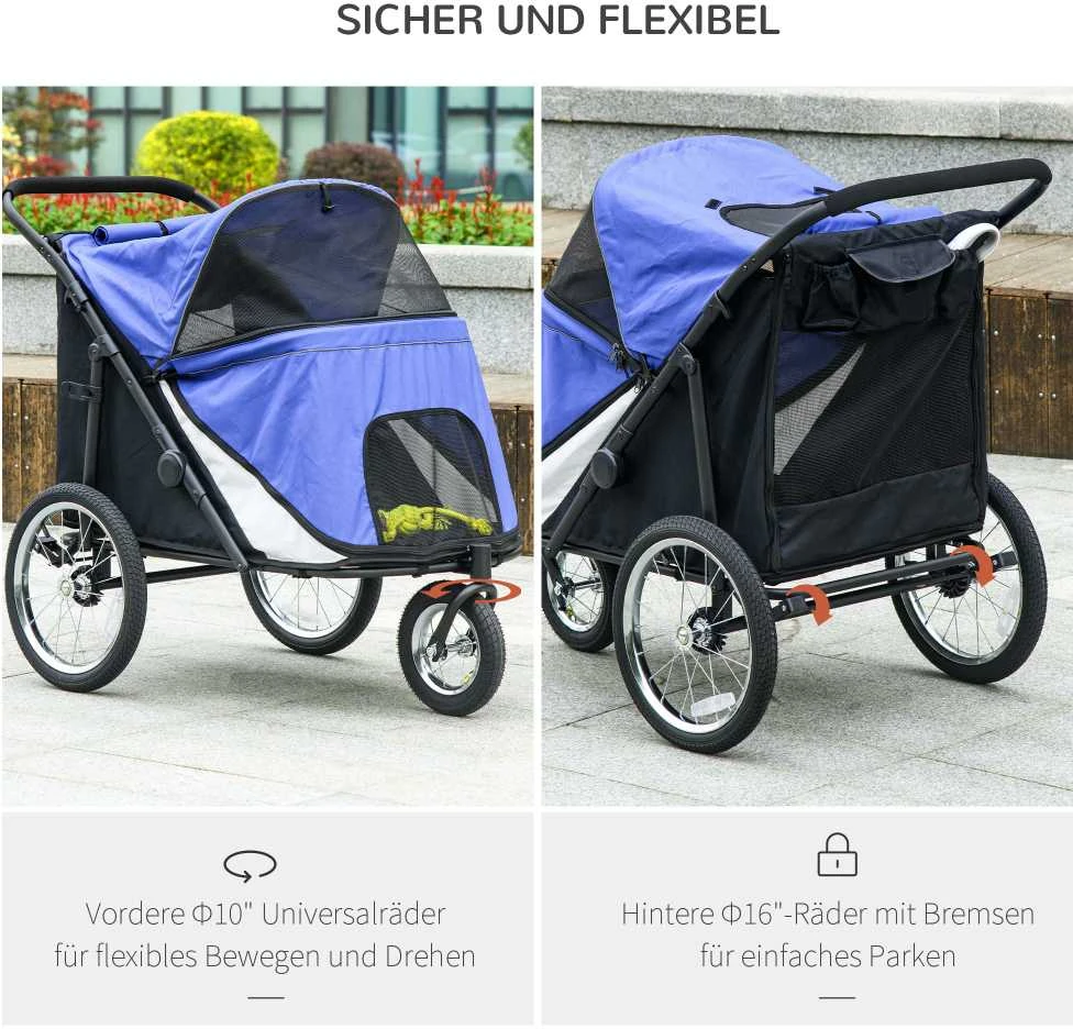 PawHut šunų vežimėlis su tinkleliu, sulankstomas, su saugos pavadėliu, dideliais guminiais ratais, iki 30 kg, Oxford, mėlynas