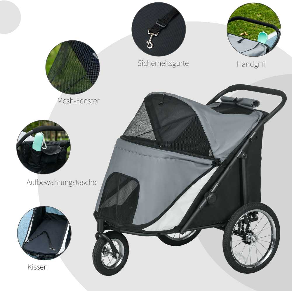 PawHut šunų vežimėlis sulankstomas su tinkleliu galinėms durims ir saugos diržu, pilkas, iki 30 kg