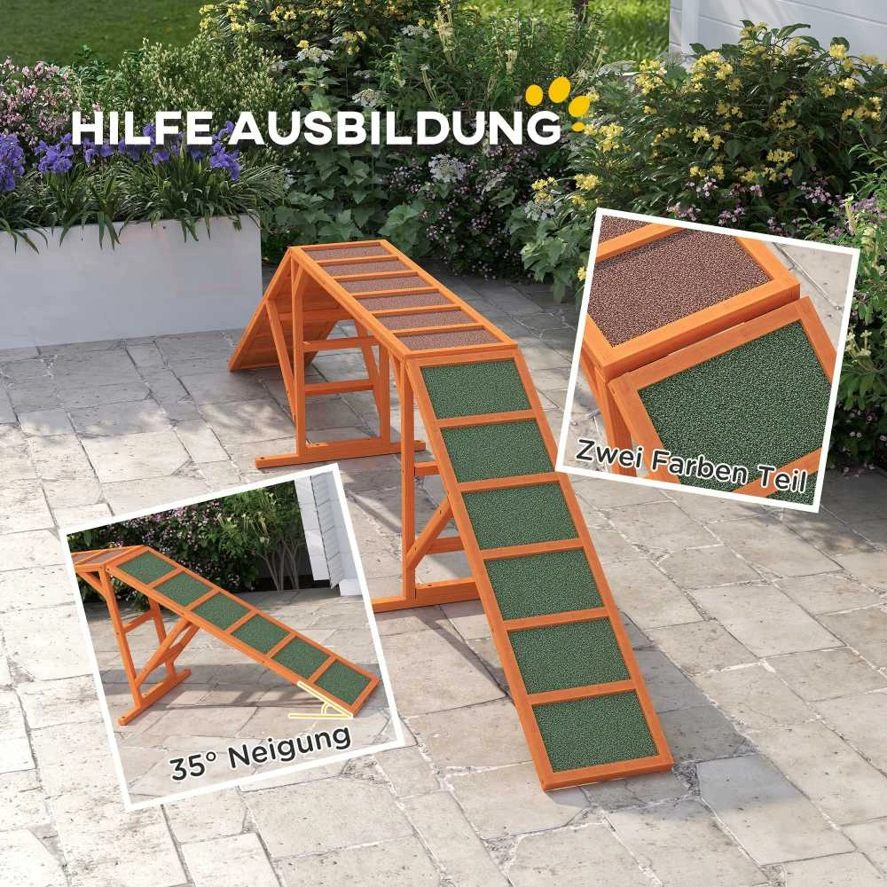 PawHut šunų dresūros tiltelis, šunų agility įranga su saugos strypu, neslystantis paviršius, sodo treniruoklis, 325 x 55 x 69 cm, oranžinis