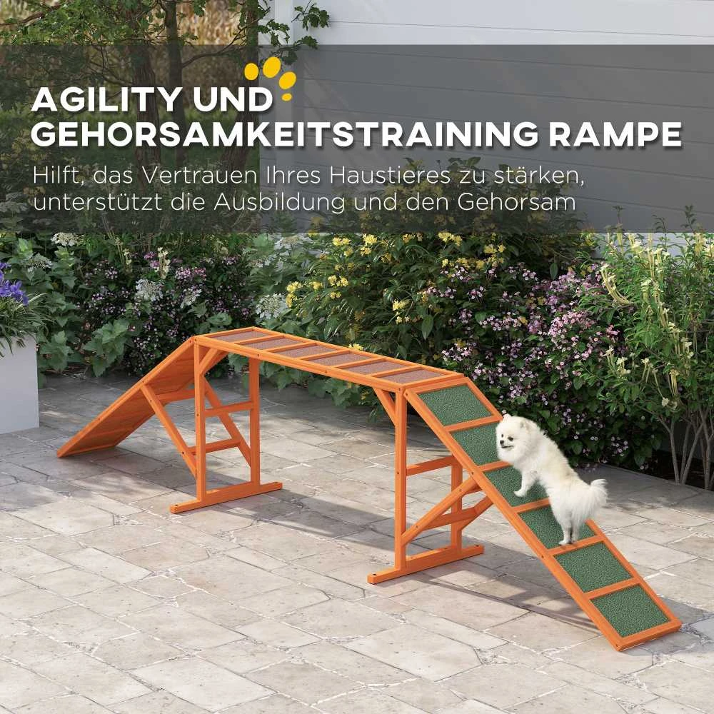 PawHut šunų dresūros tiltelis, šunų agility įranga su saugos strypu, neslystantis paviršius, sodo treniruoklis, 325 x 55 x 69 cm, oranžinis