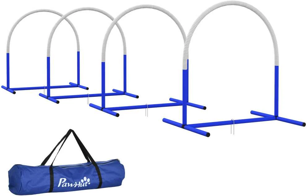 PawHut šunų dresūros įranga, Agility rinkinys šunims, 4 dalių kliūčių rinkinys vyresniems šunims, dresūros rinkinys su krepšiu, mėlyna/balta, 88 x 64 x 95 cm