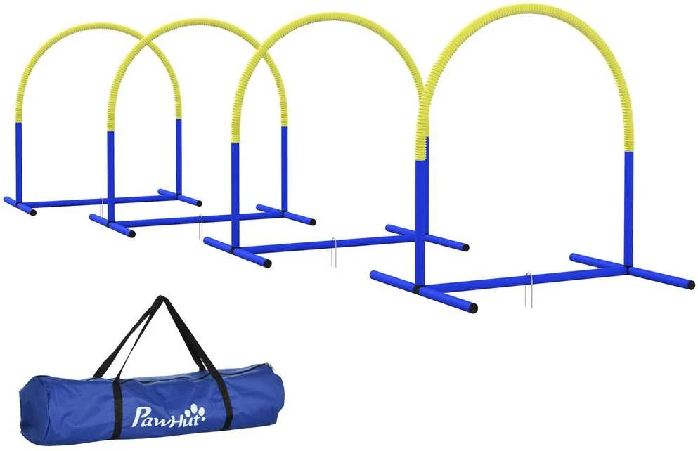 PawHut šunų dresūros įranga, šunų vikrumo (agility) rinkinys, 4 dalių kliūčių rinkinys senyviems šunims, dresūros rinkinys su krepšiu, mėlyna/geltona, 88 x 64 x 95 cm