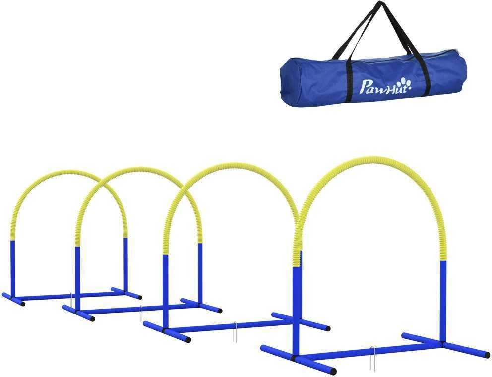 PawHut šunų dresūros įranga, šunų vikrumo (agility) rinkinys, 4 dalių kliūčių rinkinys senyviems šunims, dresūros rinkinys su krepšiu, mėlyna/geltona, 88 x 64 x 95 cm