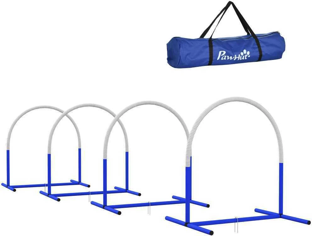 PawHut šunų dresūros įranga, Agility rinkinys šunims, 4 dalių kliūčių rinkinys vyresniems šunims, dresūros rinkinys su krepšiu, mėlyna/balta, 88 x 64 x 95 cm