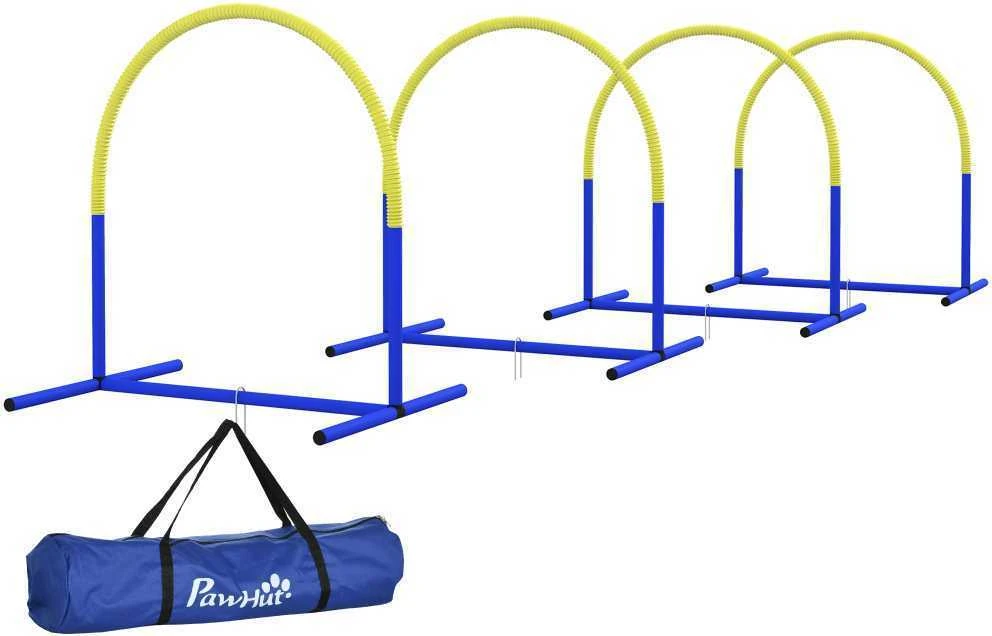 PawHut šunų dresūros įranga, šunų vikrumo (agility) rinkinys, 4 dalių kliūčių rinkinys senyviems šunims, dresūros rinkinys su krepšiu, mėlyna/geltona, 88 x 64 x 95 cm