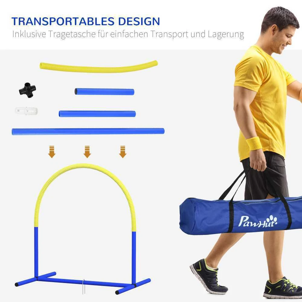 PawHut šunų dresūros įranga, šunų vikrumo (agility) rinkinys, 4 dalių kliūčių rinkinys senyviems šunims, dresūros rinkinys su krepšiu, mėlyna/geltona, 88 x 64 x 95 cm